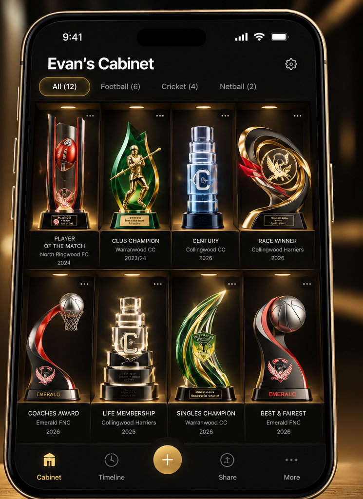 Evan’s Troph-e Cabinet showing a full collection of sporting achievements