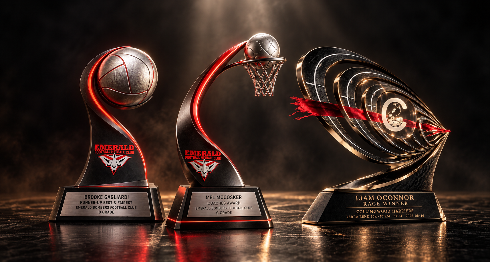 Three current-generation Troph-e awards presented together in one connected studio scene